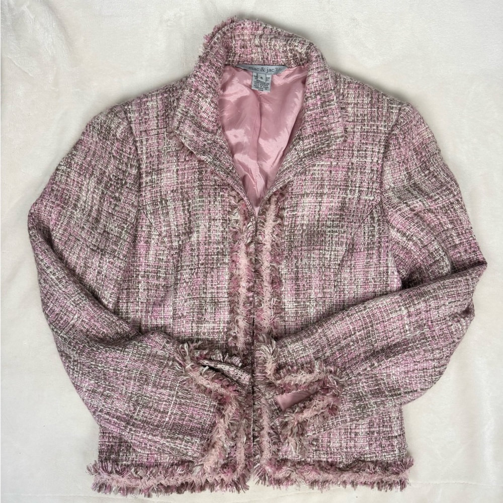 Mac & Jac Tweed Fringe Blazer Office Siren Jacket Barbiecore Pink Lace Career 6